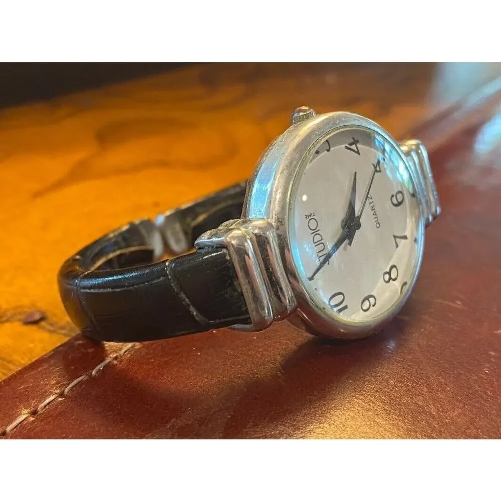 Women's 30mm Silver Tone Bangle Bracet Watch by Studio Time, Black Wrtapped Band